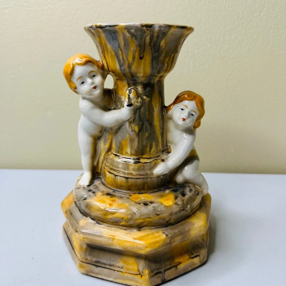 Vintage Hand Painted Japan Cherub Putti Ceramic Vase Drip Glaze Yellow Grey 7